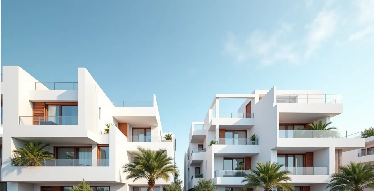 Architecture méditerranéenne moderne avec façades blanches et balcons