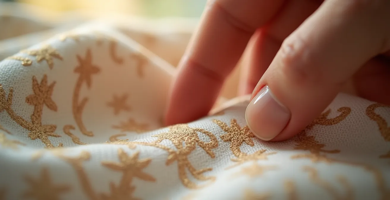 Gros plan sur une main examinant la texture d'un tissu de qualité avec une lumière naturelle douce