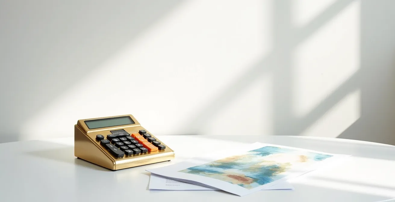 Vue large d'un bureau épuré avec une calculatrice vintage et des documents organisés dans une lumière naturelle douce