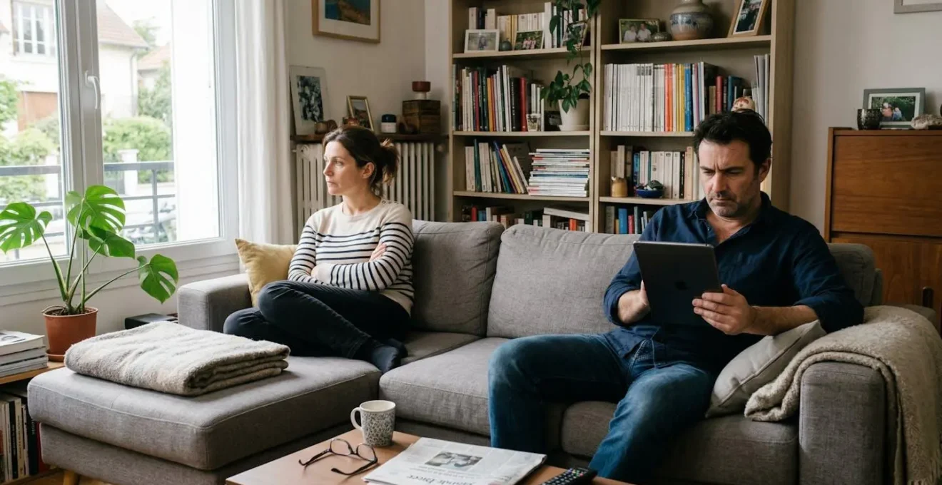 Couple en discussion tendue dans un salon moderne lors d'une séparation