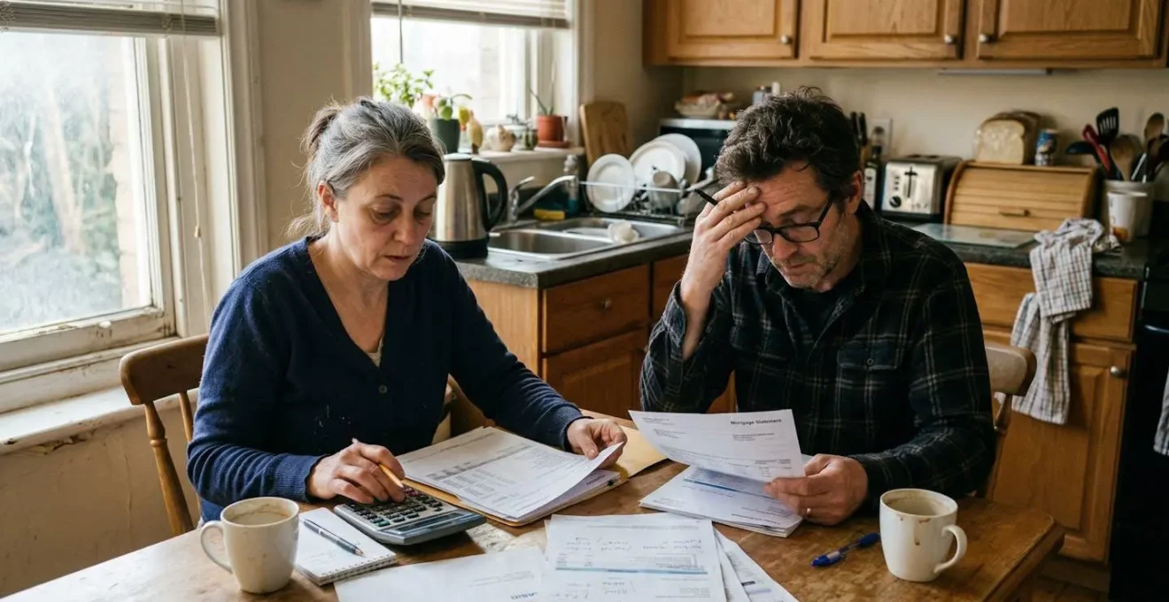 Un couple assis à une table de cuisine examine des documents financiers étalés, calculatrice visible, lumière naturelle provenant de la fenêtre