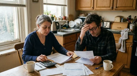 Un couple assis à une table de cuisine examine des documents financiers étalés, calculatrice visible, lumière naturelle provenant de la fenêtre
