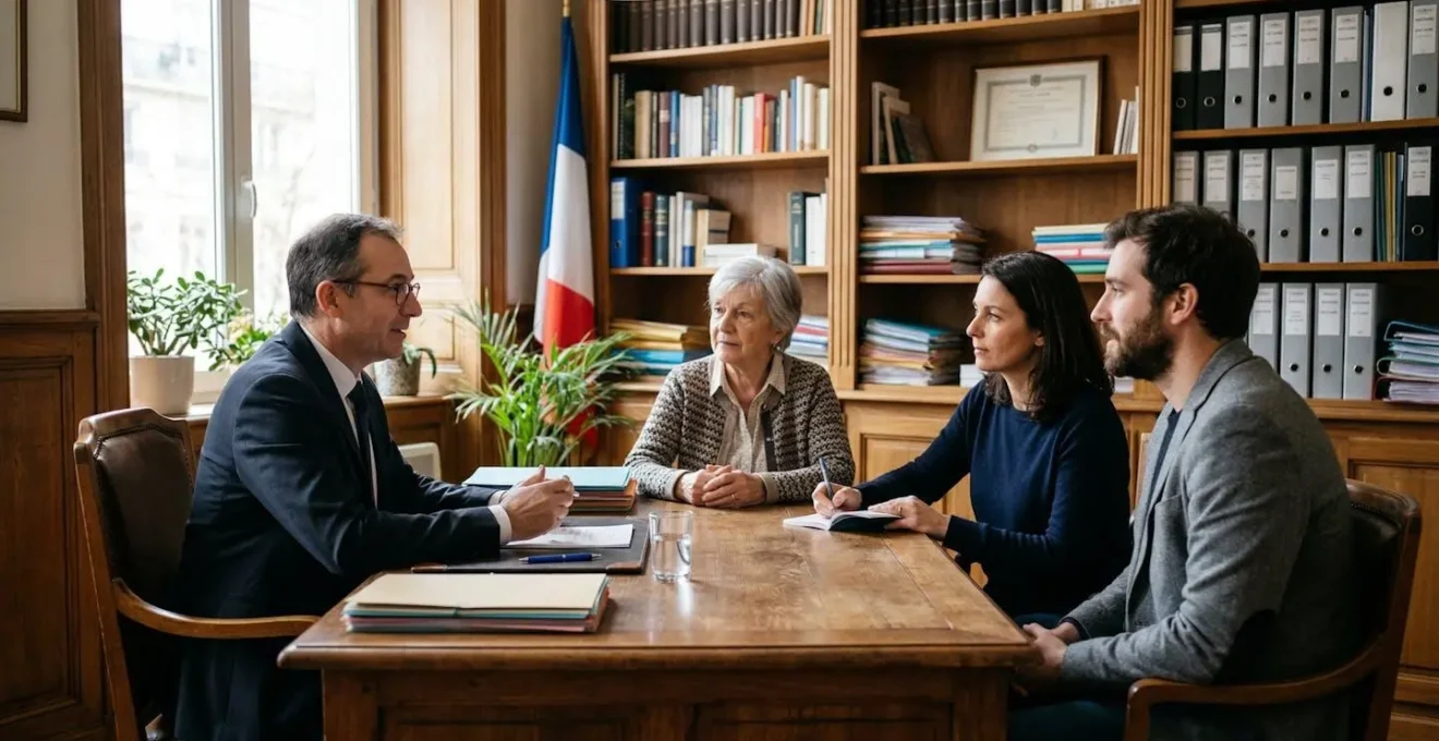 Famille réunie autour d'un bureau de notaire pour discuter d'une succession
