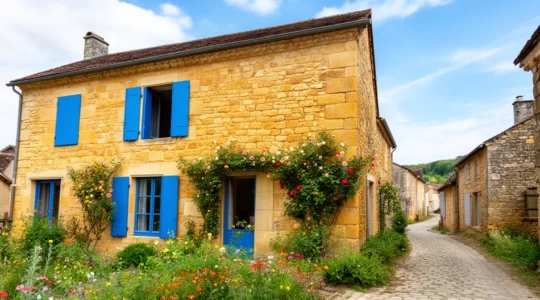 Maison en pierres traditionnelle avec jardin fleuri dans un village corrézien
