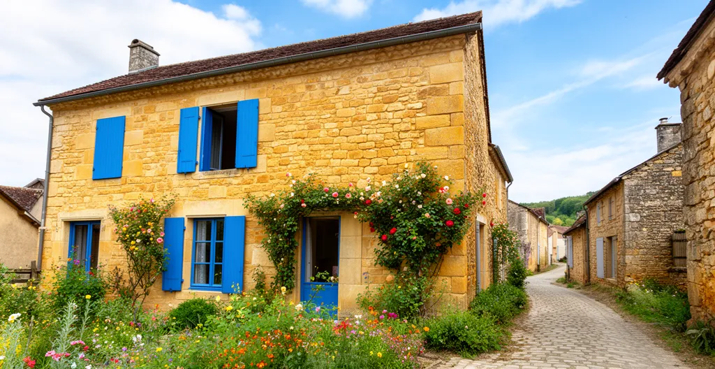 Maison en pierres traditionnelle avec jardin fleuri dans un village corrézien