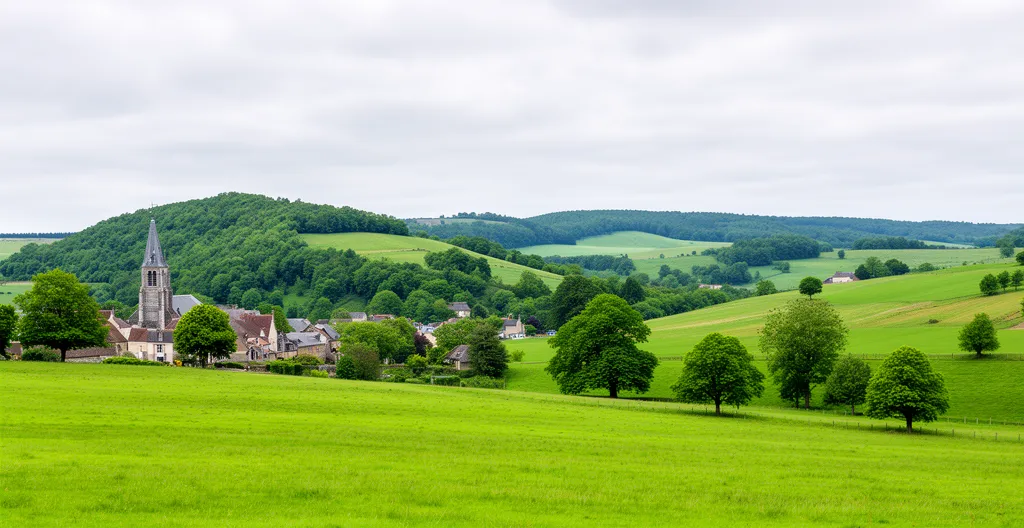 Paysage vallonné de Corrèze avec village et clocher d'église en arrière-plan