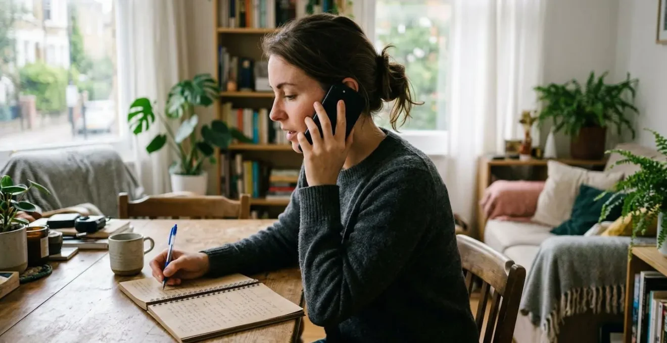 Une personne de profil tient un téléphone à l'oreille tout en prenant des notes sur un carnet, expression attentive, lumière naturelle latérale