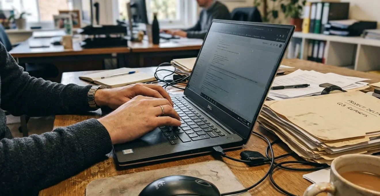 Mains d'un professionnel en chemise tapant sur un ordinateur portable, dossiers papier à côté sur un bureau légèrement encombré