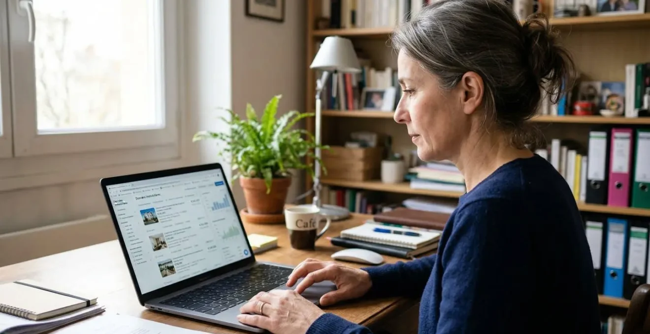 Propriétaire consultant ses données patrimoniales sur ordinateur dans un bureau à domicile