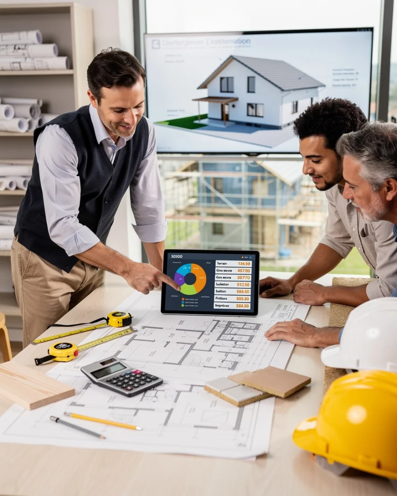 Trois hommes discutent au sujet des plans de construction d'une maison. Trois hommes discutent au sujet des plans de construction d'une maison.