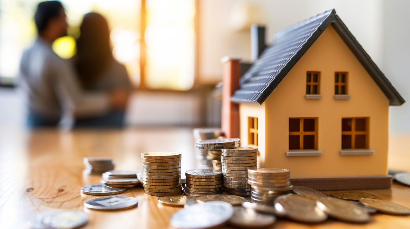Vue du dessus de documents administratifs français de prêt immobilier incluant fiche TAEG, contrat assurance et relevé de frais disposés sur bureau en bois clair
