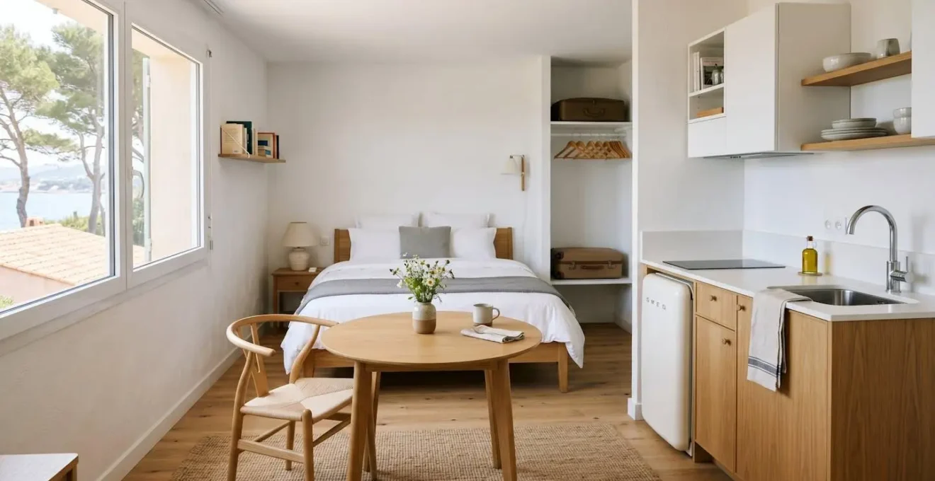 Intérieur d'un studio de vacances compact de 25 m² avec lit double, kitchenette équipée et petite table, mobilier clair et moderne