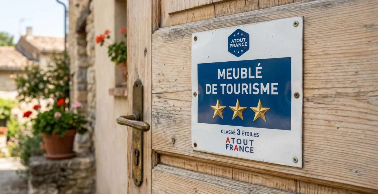 Plaque de classement Atout France 3 étoiles en métal blanc et bleu fixée sur une porte d'entrée en bois clair d'un meublé de tourisme