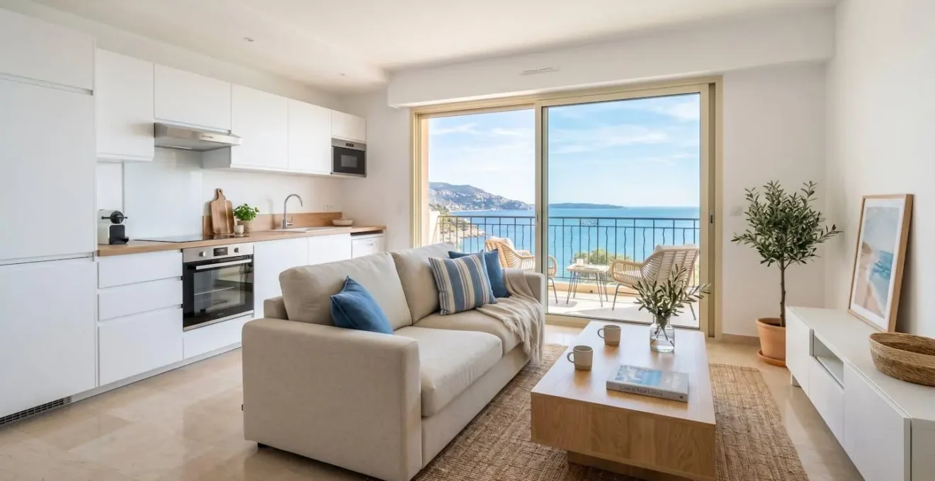 Séjour lumineux d'un appartement T2 de location saisonnière moderne avec cuisine ouverte équipée, canapé beige, table basse en bois clair et grande baie vitrée donnant sur la mer Méditerranée
