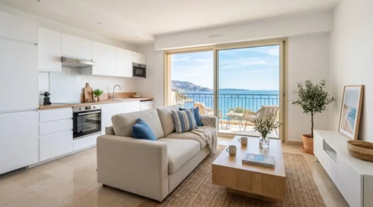 Séjour lumineux d'un appartement T2 de location saisonnière moderne avec cuisine ouverte équipée, canapé beige, table basse en bois clair et grande baie vitrée donnant sur la mer Méditerranée