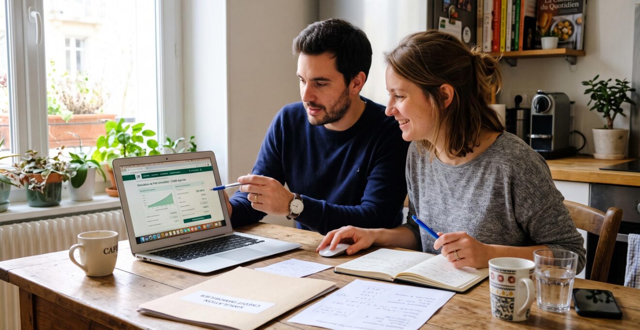 Conseillère bancaire et couple trentenaire examinant des documents de prêt immobilier dans un bureau d'agence français moderne avec lumière naturelle