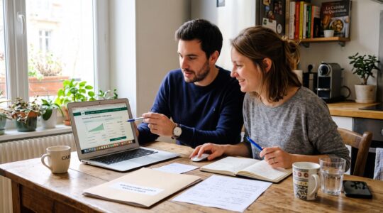 Conseillère bancaire et couple trentenaire examinant des documents de prêt immobilier dans un bureau d'agence français moderne avec lumière naturelle