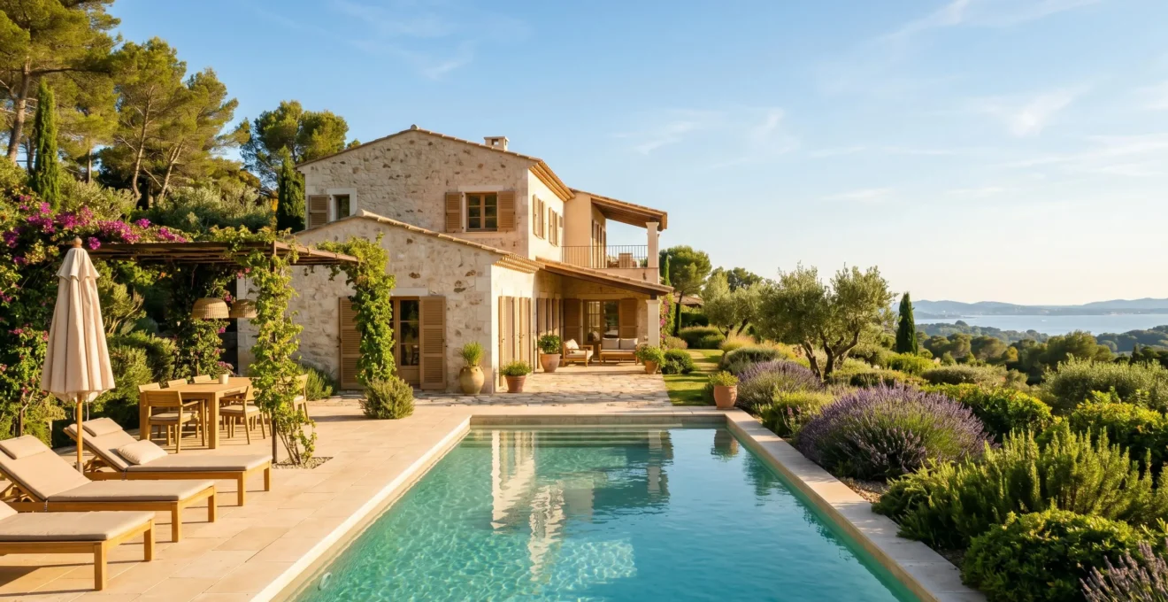 Villa de vacances méditerranéenne avec piscine privée rectangulaire, terrasse aménagée avec transats et parasol, jardin arboré avec pins et végétation du sud