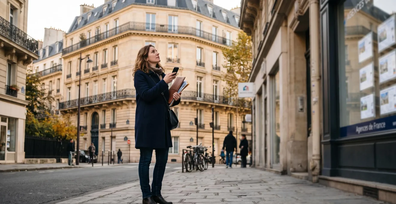 Une femme observe un immeuble haussmannien depuis le trottoir tout en consultant son téléphone, dans une rue résidentielle française.