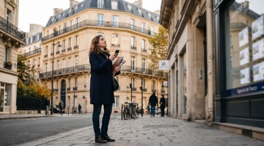 Une femme observe un immeuble haussmannien depuis le trottoir tout en consultant son téléphone, dans une rue résidentielle française.