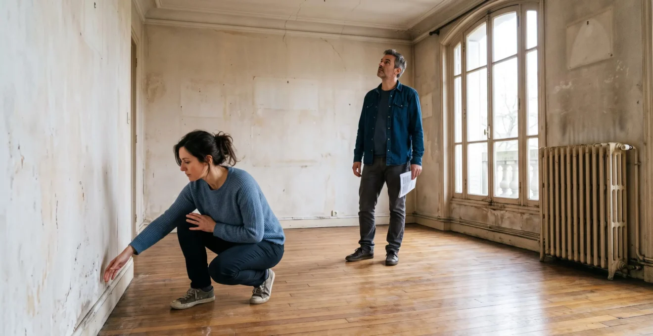 Un couple visite un appartement vide en travaux, la femme inspecte une plinthe pendant que l'homme observe le plafond.