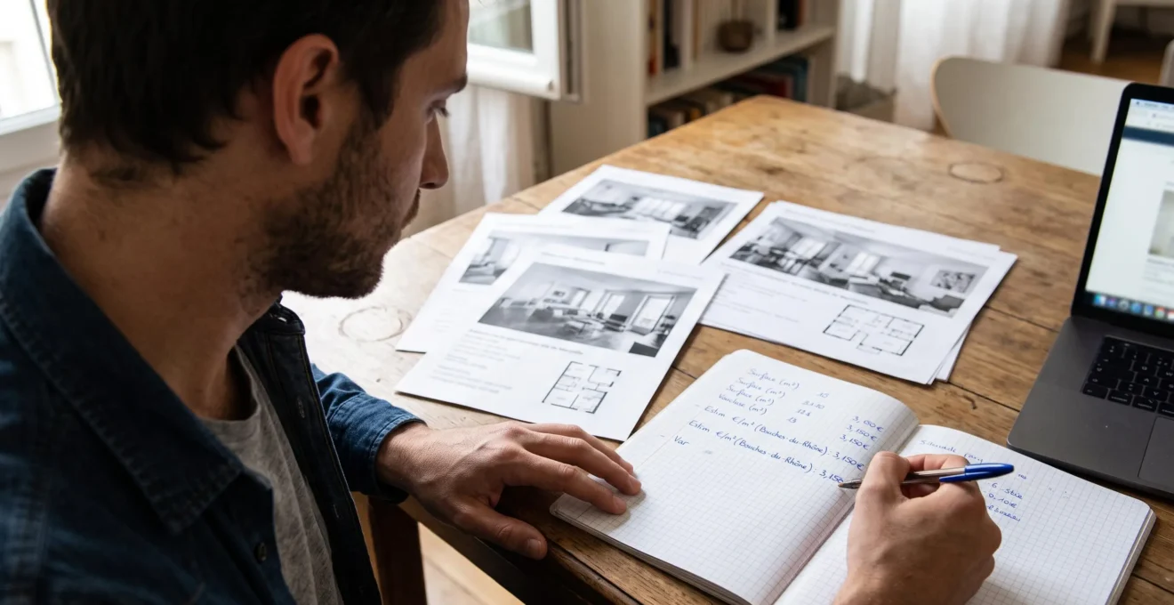 Un homme compare des annonces immobilières imprimées avec des notes manuscrites sur les prix au m², assis à une table en bois.